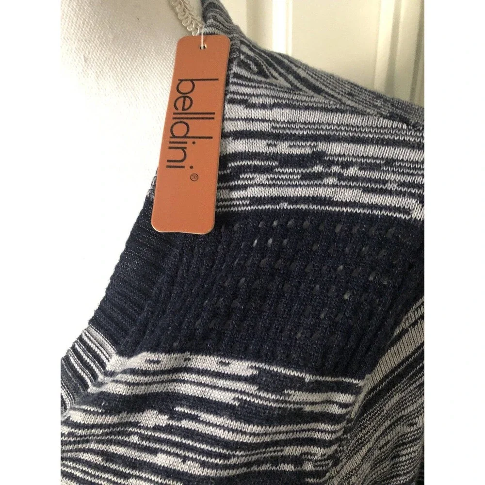 Belldini Women's Open Front Cardigan Sweater Size M Navy White Striped Open Knit